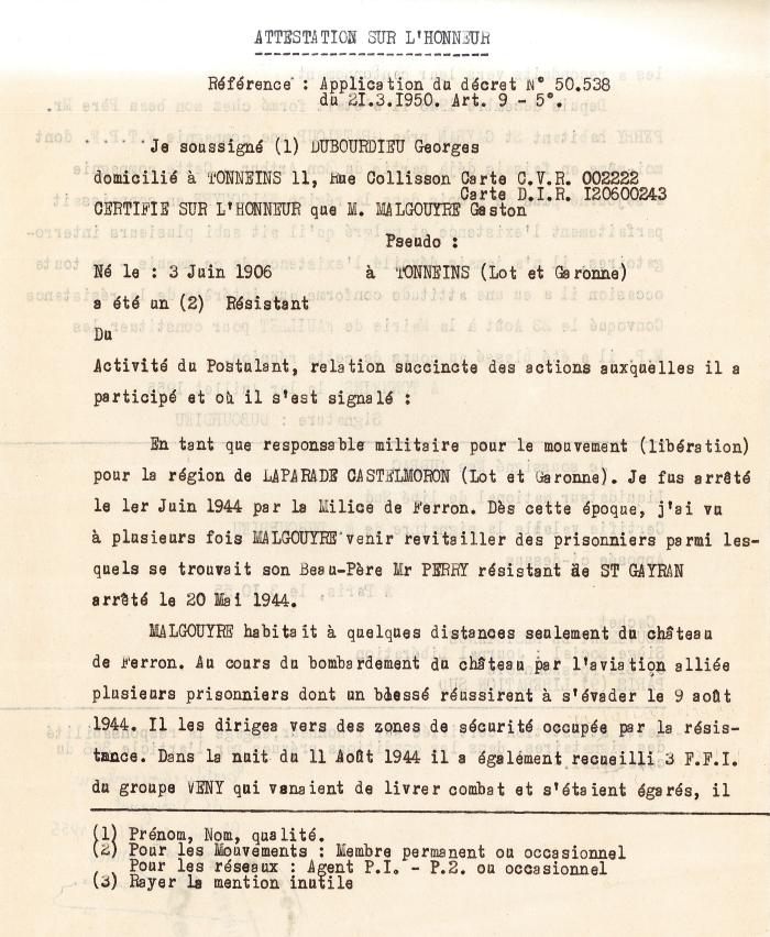 Attestation de participation à la Résistance Recto