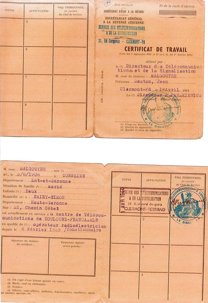 Certificat de travail  sde Gaston malgouyre 1944
