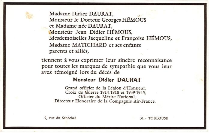 Remerciements de la famille Daurat à la suite du décés de Didier Daurat