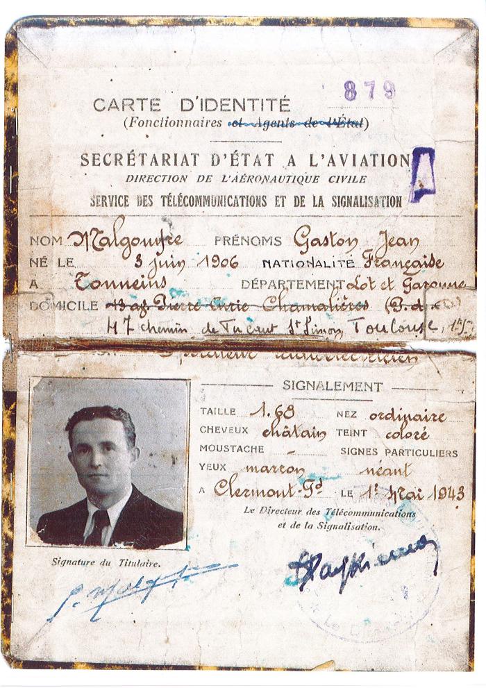Carte de fonctionnaire de Gaston Malgouyre en 1943