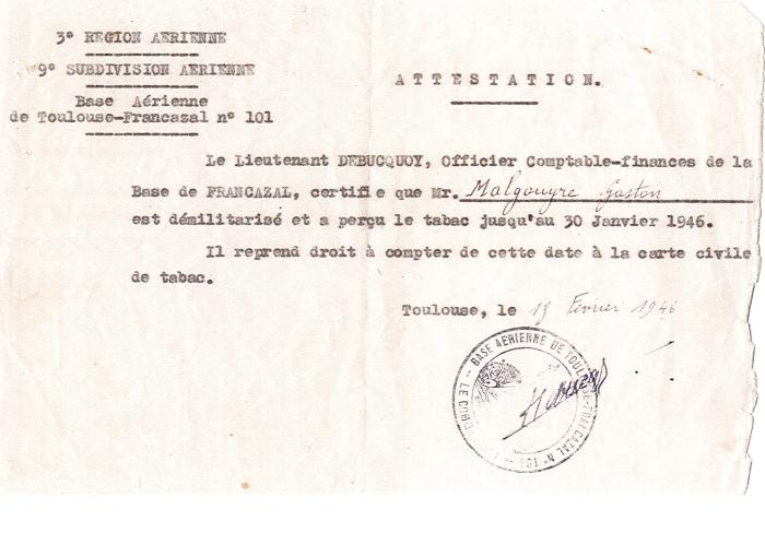 Attestation de démilitarisation de Gaston Malgouyre 1946