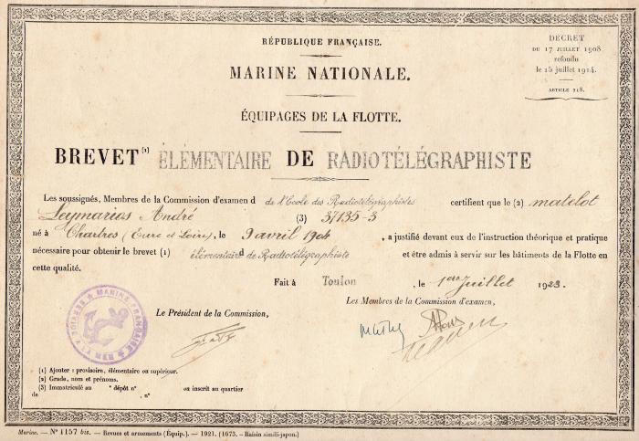 Brevet élémentaire de Radiotélégraphiste.