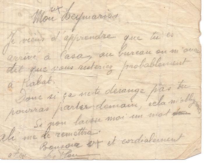 Version numérique de la note adressée à André LEYMARIOS trouvée à Casablanca en mars 1938.