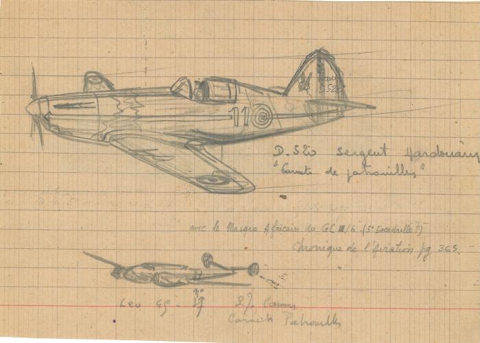 Dessin au crayon d'un Dewoitine D.520 et d'un bombardier LeO 451 (16 S CRDA 3-23)