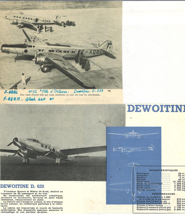D.338 sur le tarmac aux cotés d'un Bloch 220/Trimoteur Dewoitine D.620